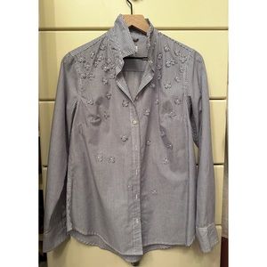 Blue and white striped button down with floral details